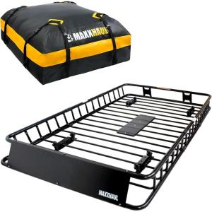 image:imageMaxxHaul 51085 64 x 39 x 6 Roof Rack Cargo Carrier Steel Basket Car Top Luggage Holder for SUV and Pick Up Trucks  150 lb Capacity with 15 CuFt Water Resistant Roof Bag 44 x 34 x 17